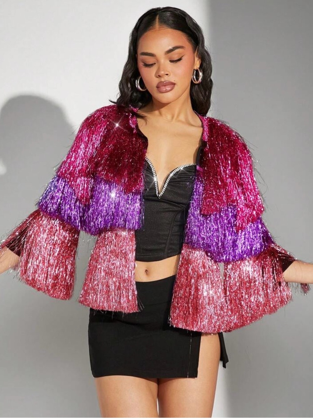SHEIN X Colorblock Metallic Fringe Open Coat Jacket Top Pink Purple Tinsel